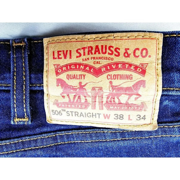 Levis Size 38X32 Men's Straight Blue Denim 5 Pocket Logo Zip Jeans - Picture 3 of 13